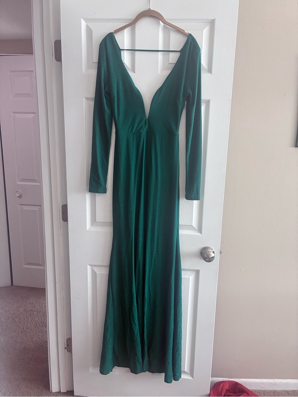 Long Sleeve Deep V Emerald Green Evening Gown